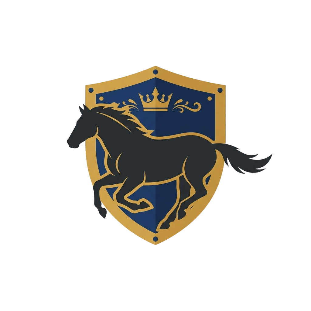 A stylized shield featuring a galloping horse and a crown on a blue and gold background