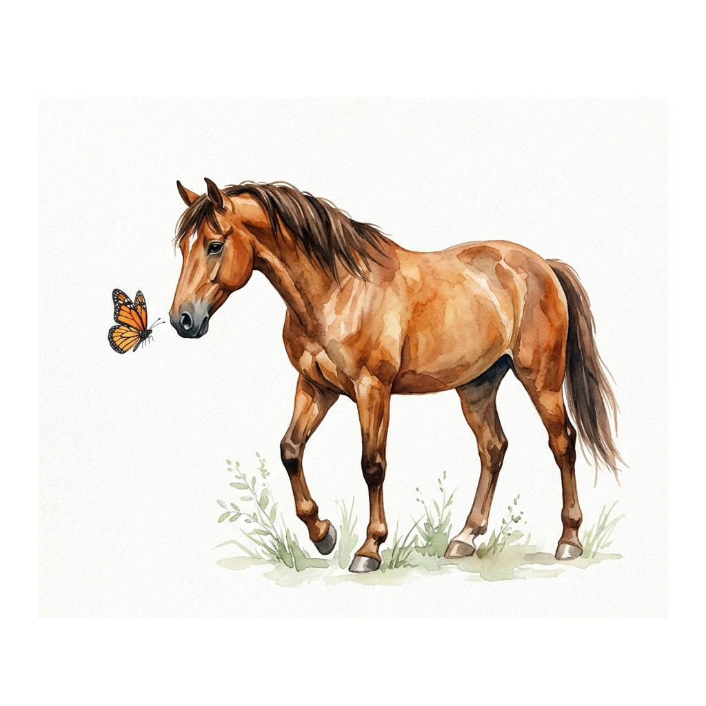 A chestnut horse standing in a field with a butterfly near its face