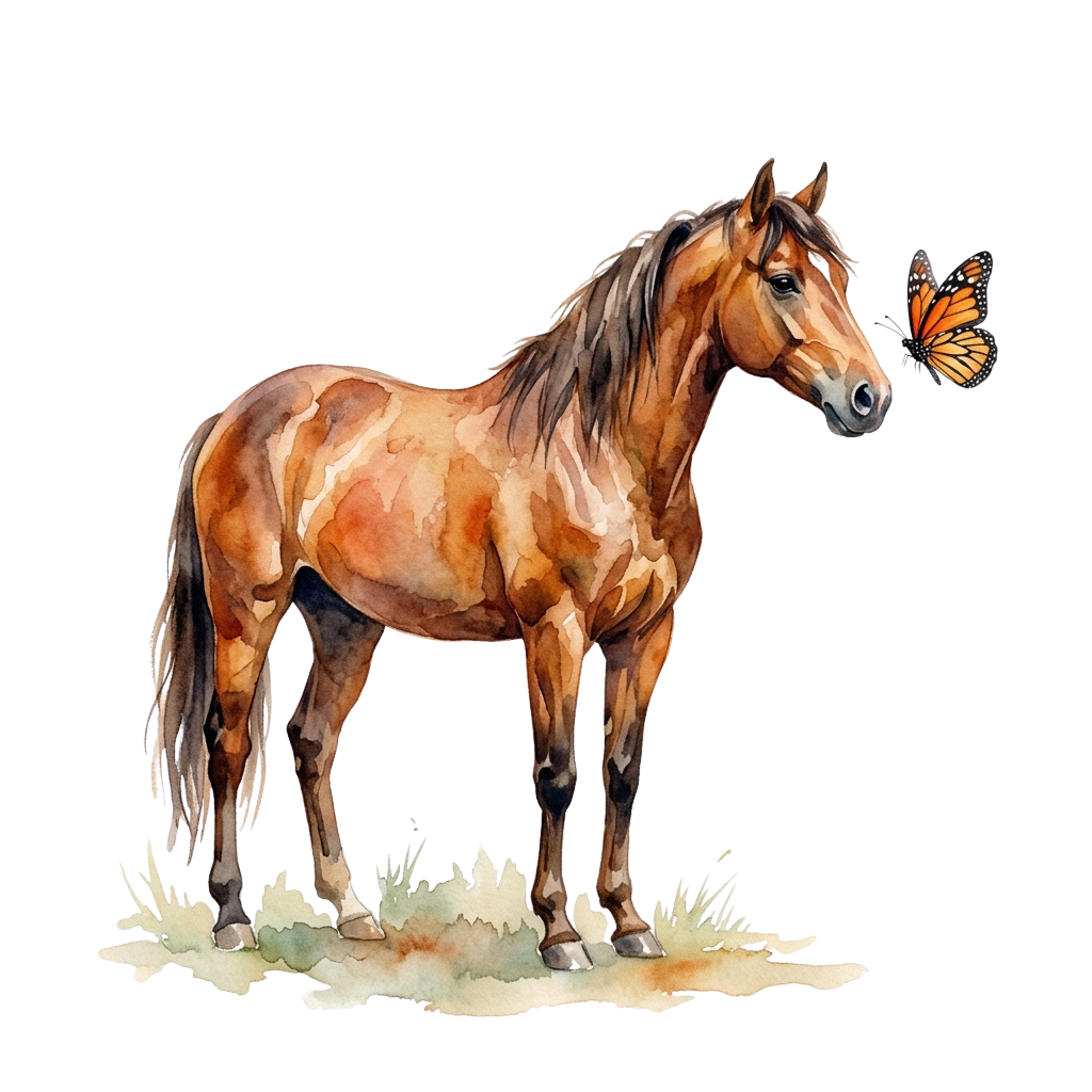 A brown horse standing on a patch of grass with a butterfly near its face