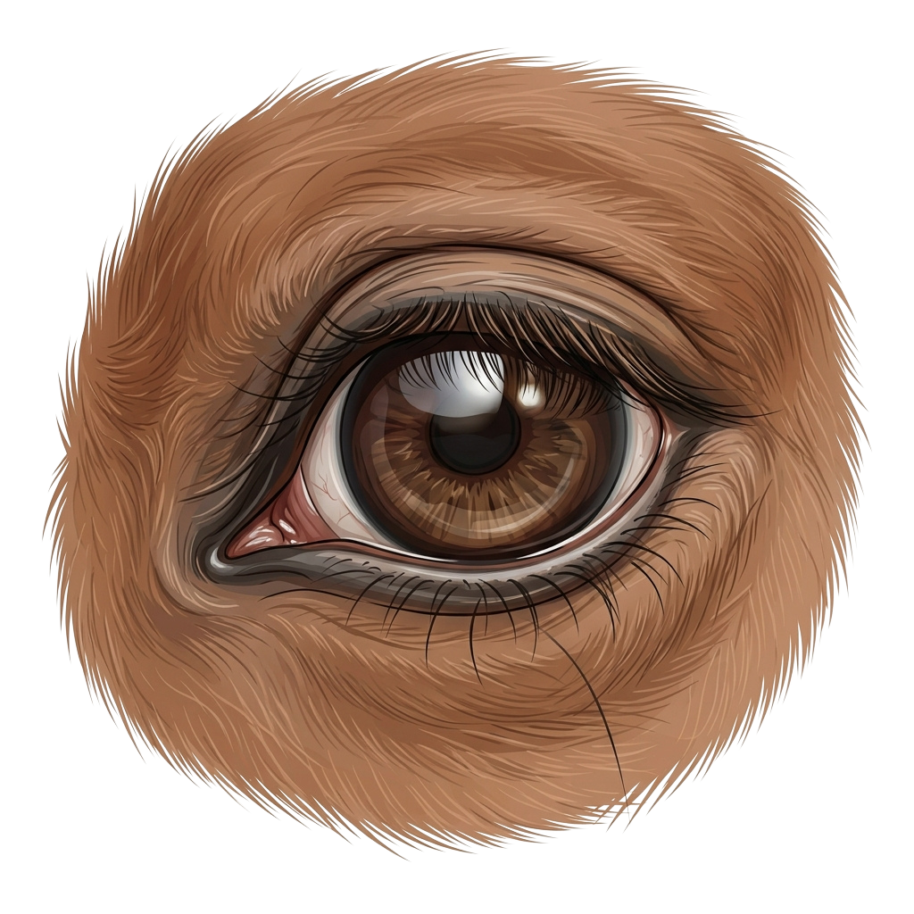 A detailed illustration of a large, expressive eye surrounded by soft, fluffy fur.