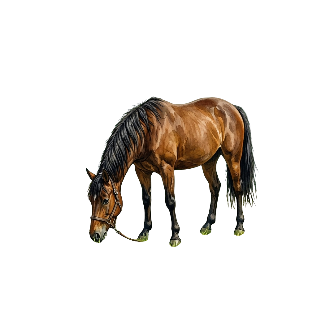 A brown horse grazing with a bridle on in a dark background