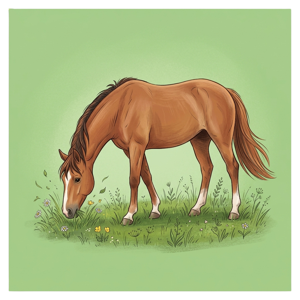 A brown horse grazing on green grass with small flowers around it
