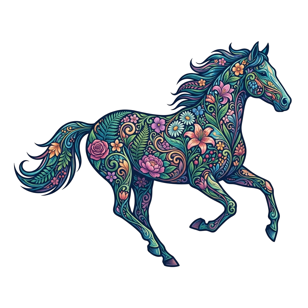 A stylized horse with vibrant floral and paisley patterns on its body, standing on a black background
