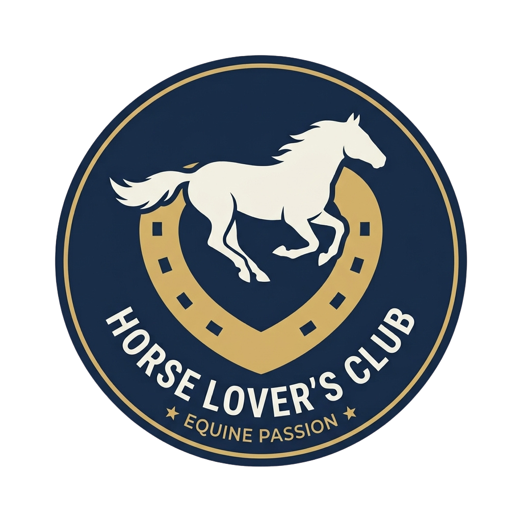 Logo of a club featuring a white horse galloping inside a saddle blanket design, with text Horse Lovers Club and Equine Passion
