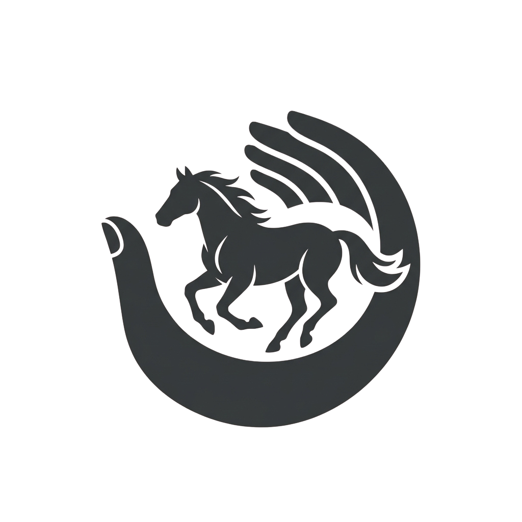 A stylized silhouette of a winged horse, resembling a Pegasus, set against a dark background.
