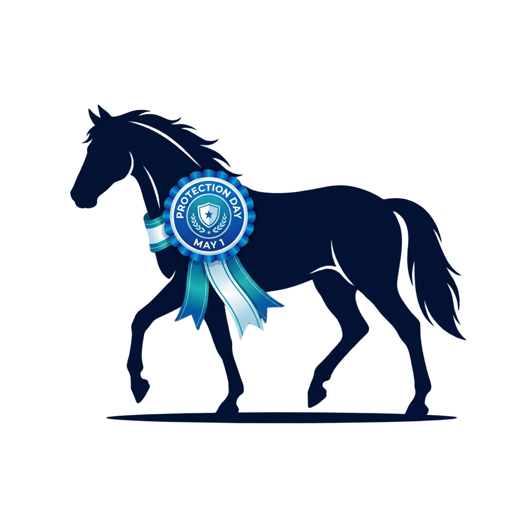 Dark silhouette of a horse wearing a blue and white ribbon badge labeled Protection Day May 1