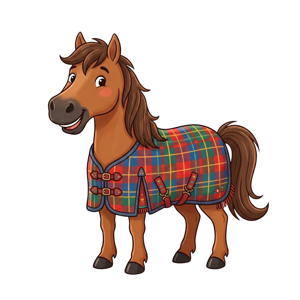 A cheerful cartoon pony with brown coat and mane wearing a colorful plaid blanket