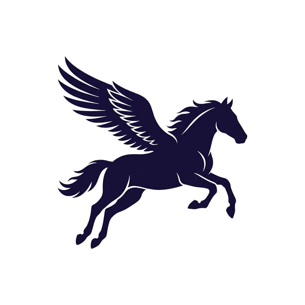 A purple silhouette of a winged horse, also known as a Pegasus, in mid-flight against a dark background