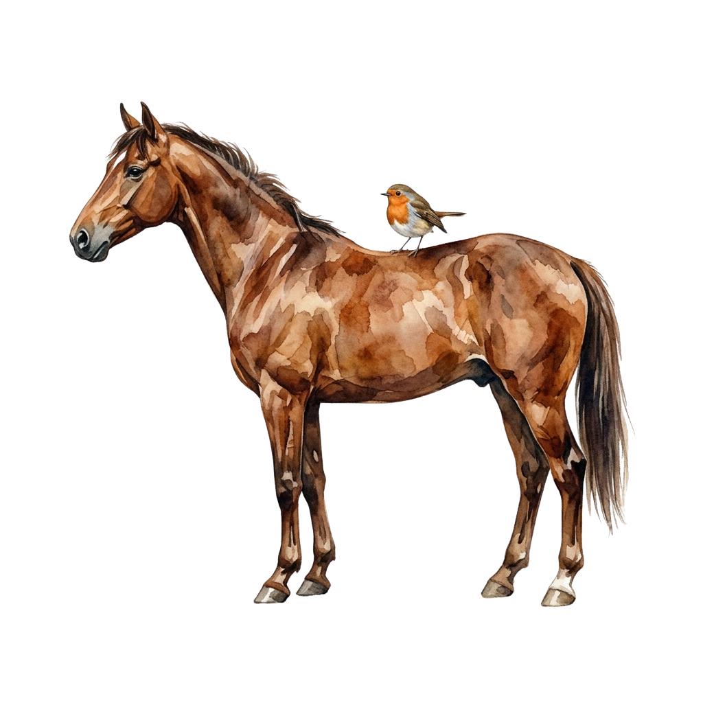 A brown horse standing with a small robin bird perched on its back against a black background
