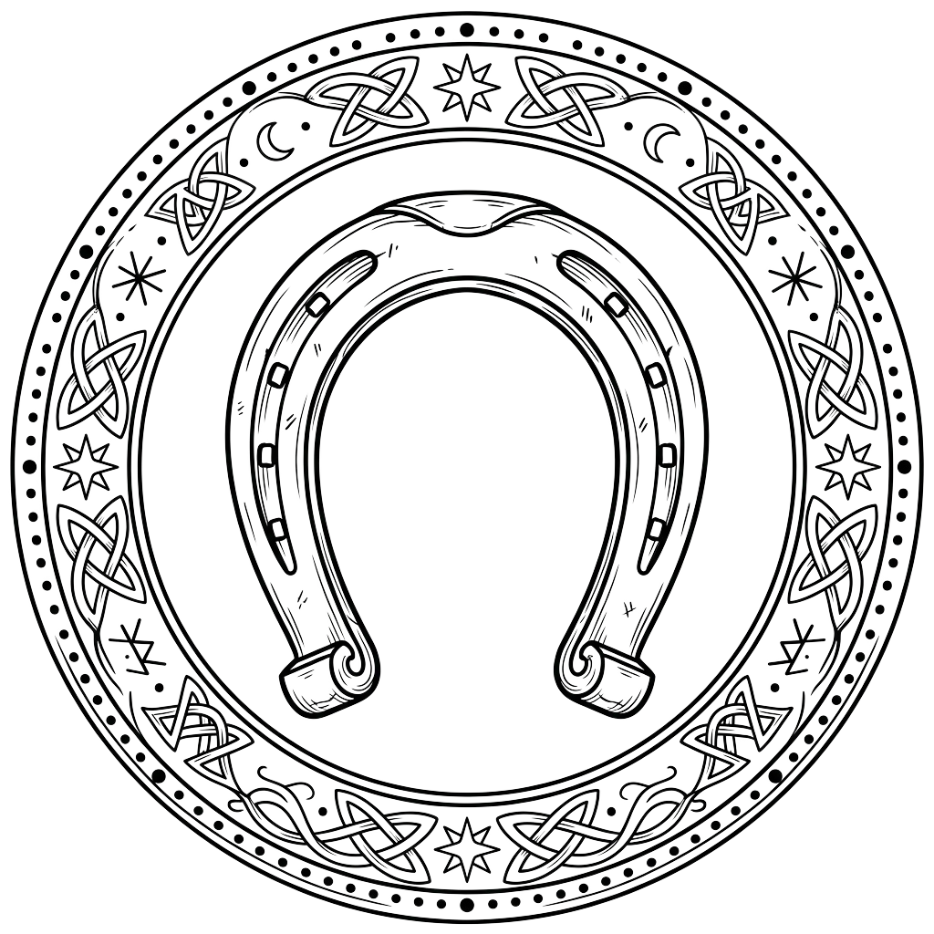 Detailed black and white illustration of a Celtic knot ring with ornate patterns and interlaced designs.