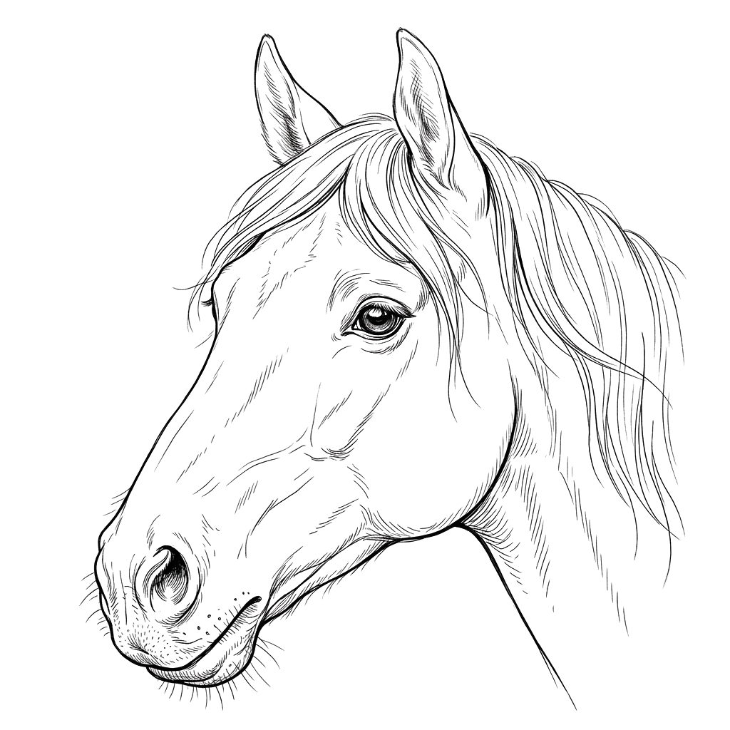 A detailed black and white sketch of a horse's head with flowing mane and expressive eyes