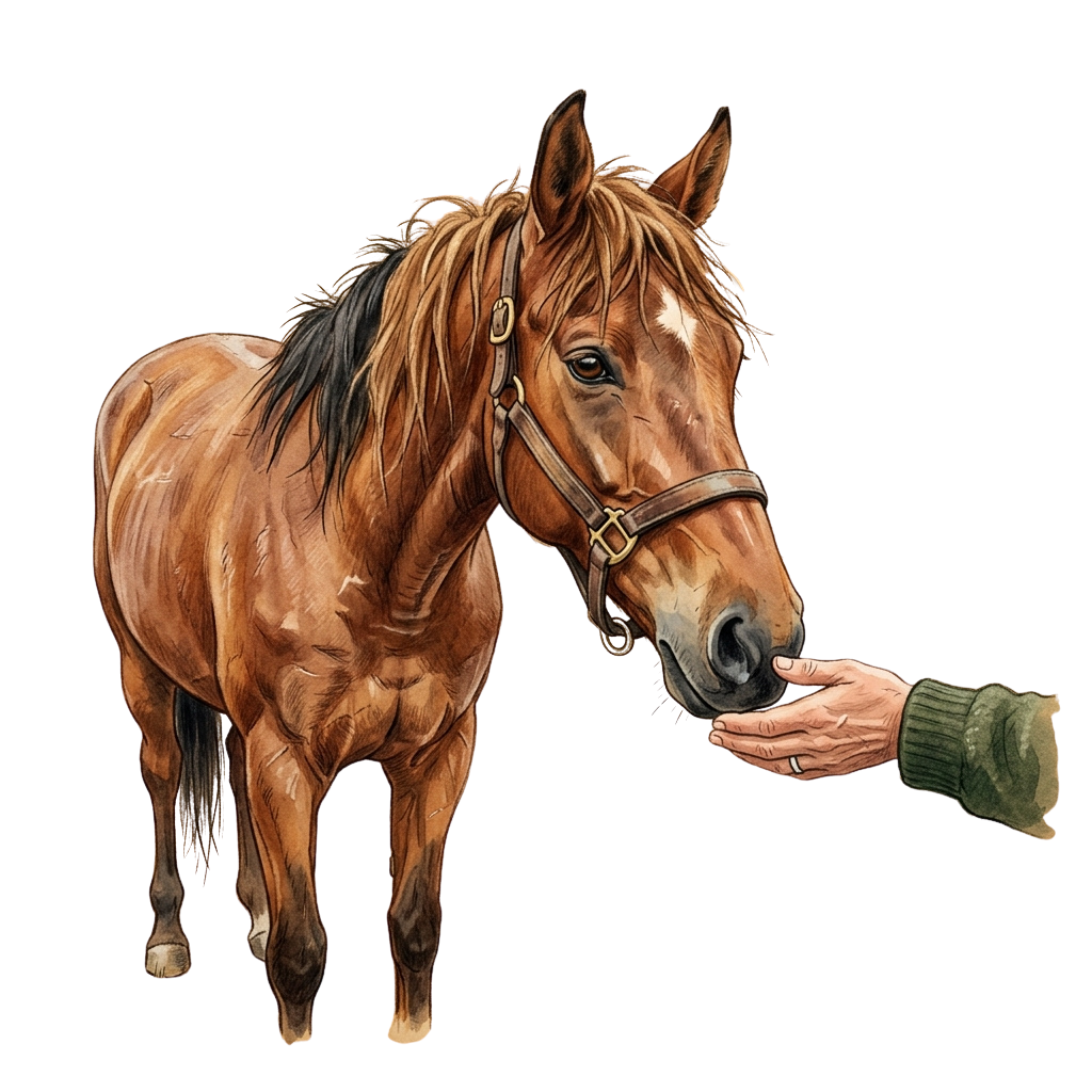 Illustration of a brown horse gently sniffing a gloved human hand.