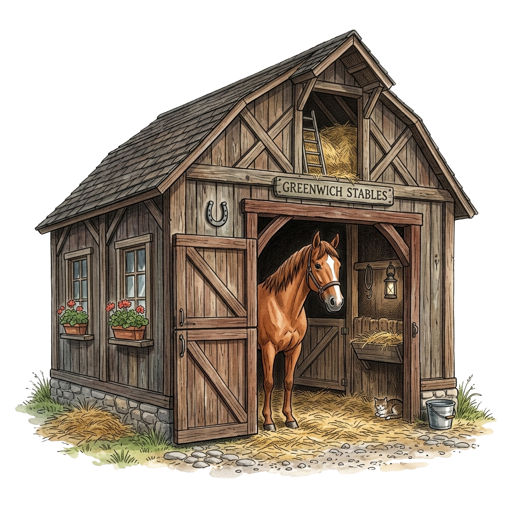 A brown horse standing inside a rustic wooden stable named Greenwich Stables with hay in the loft and a cat outside.