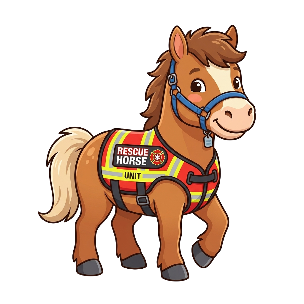 A cheerful cartoon pony wearing a rescue unit vest and bridle, standing on four legs.