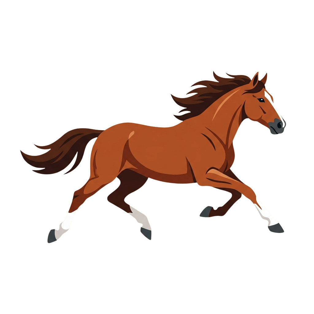 A stylized brown horse mid-gallop with flowing mane and tail against a dark background