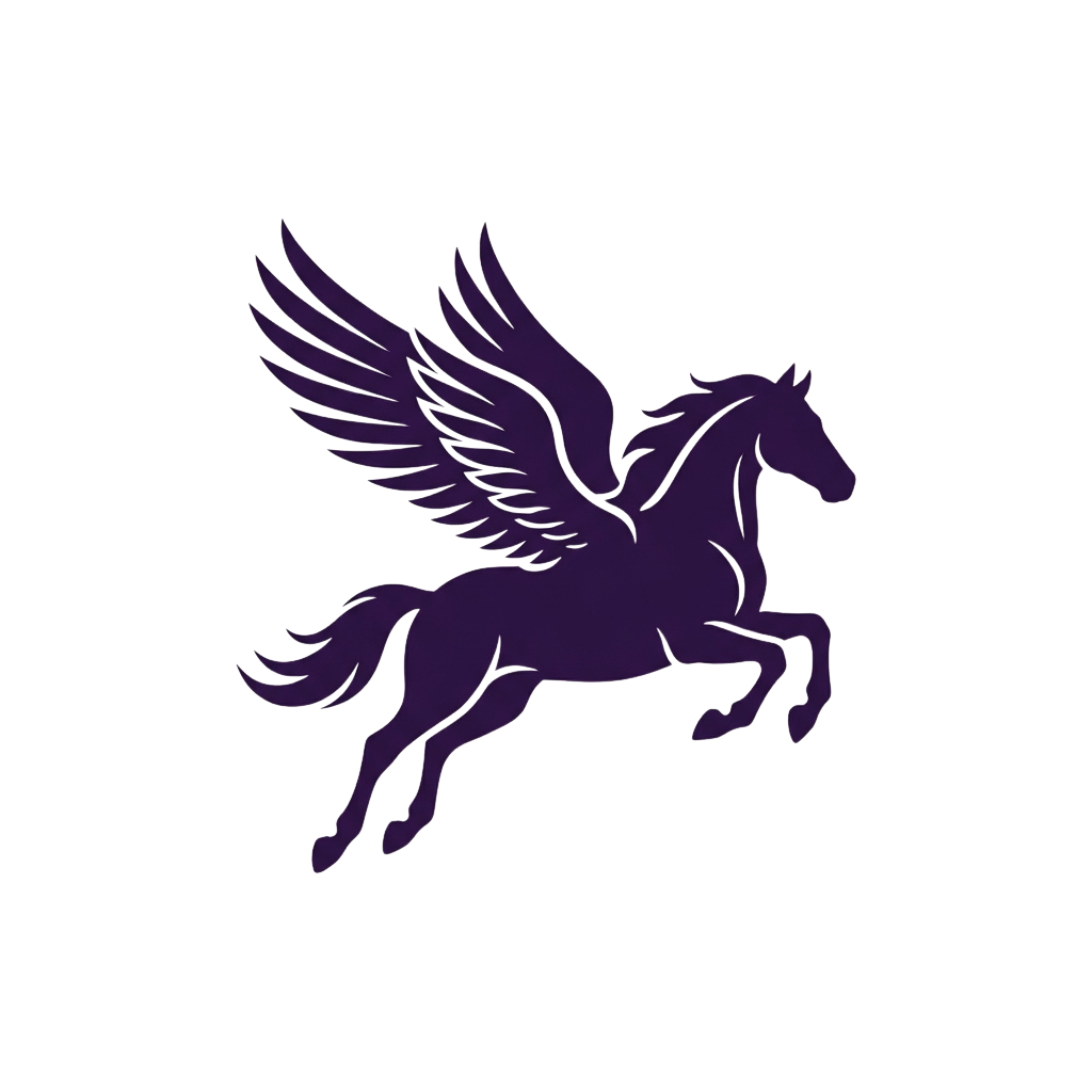 A purple silhouette of a winged horse, a Pegasus, flying against a dark background