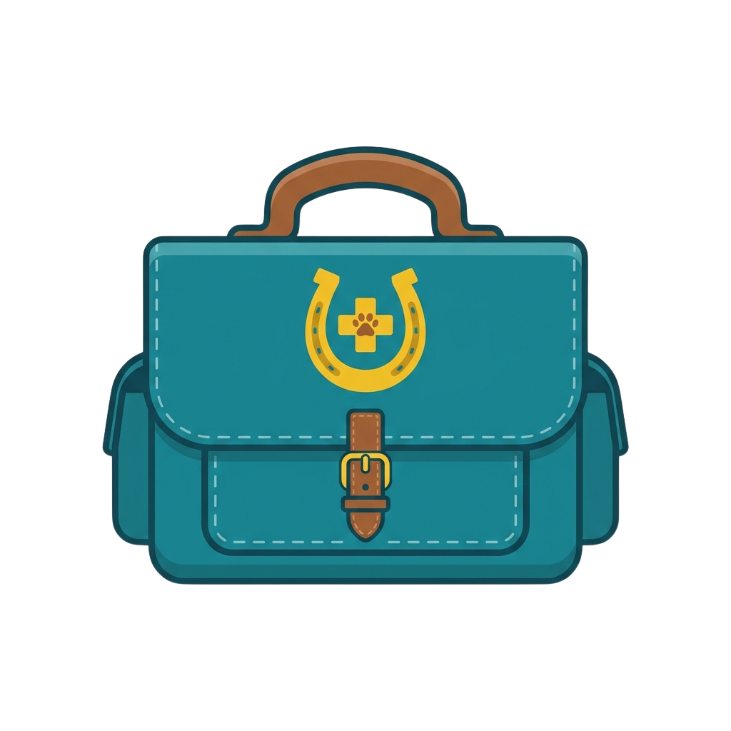 Blue bag with a yellow horse shoe and paw print cross emblem, brown straps and buckle closure