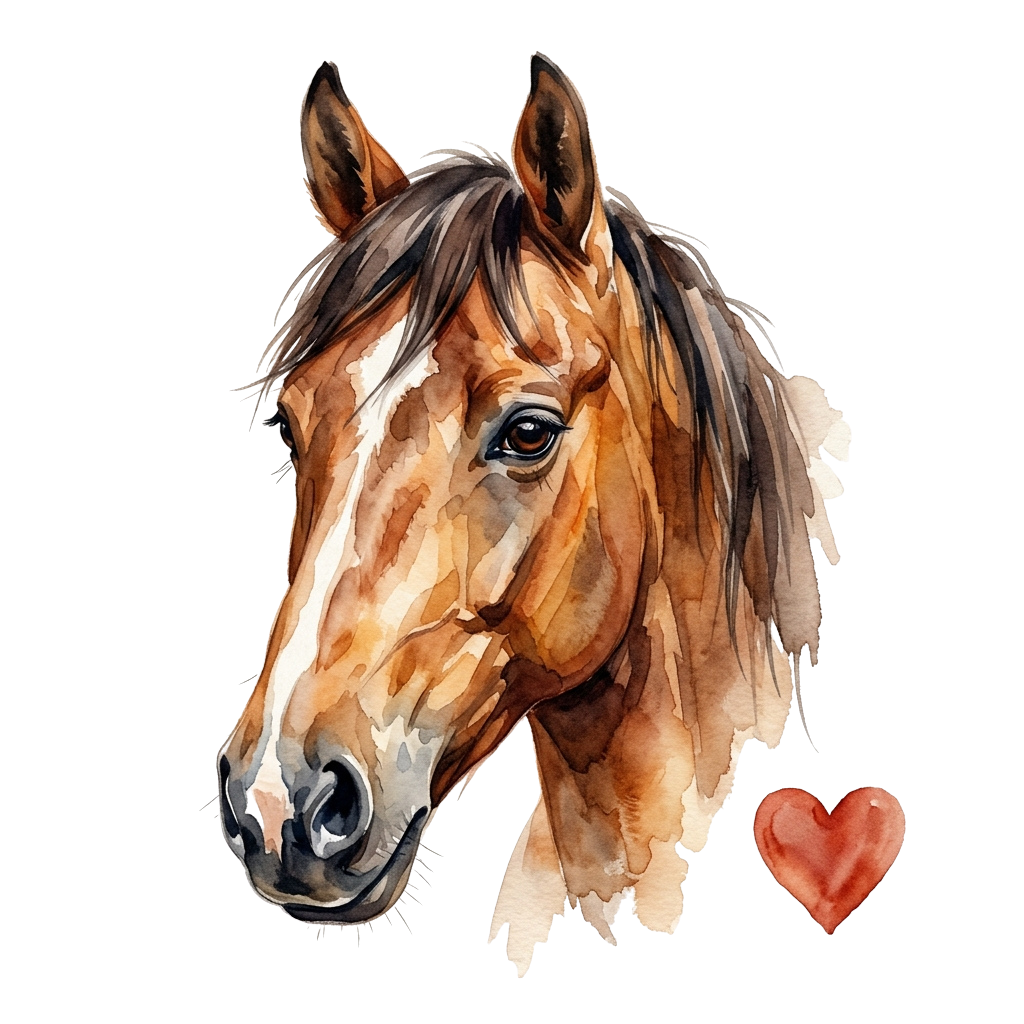 A watercolor illustration of a brown horse head with a red heart symbol beside it