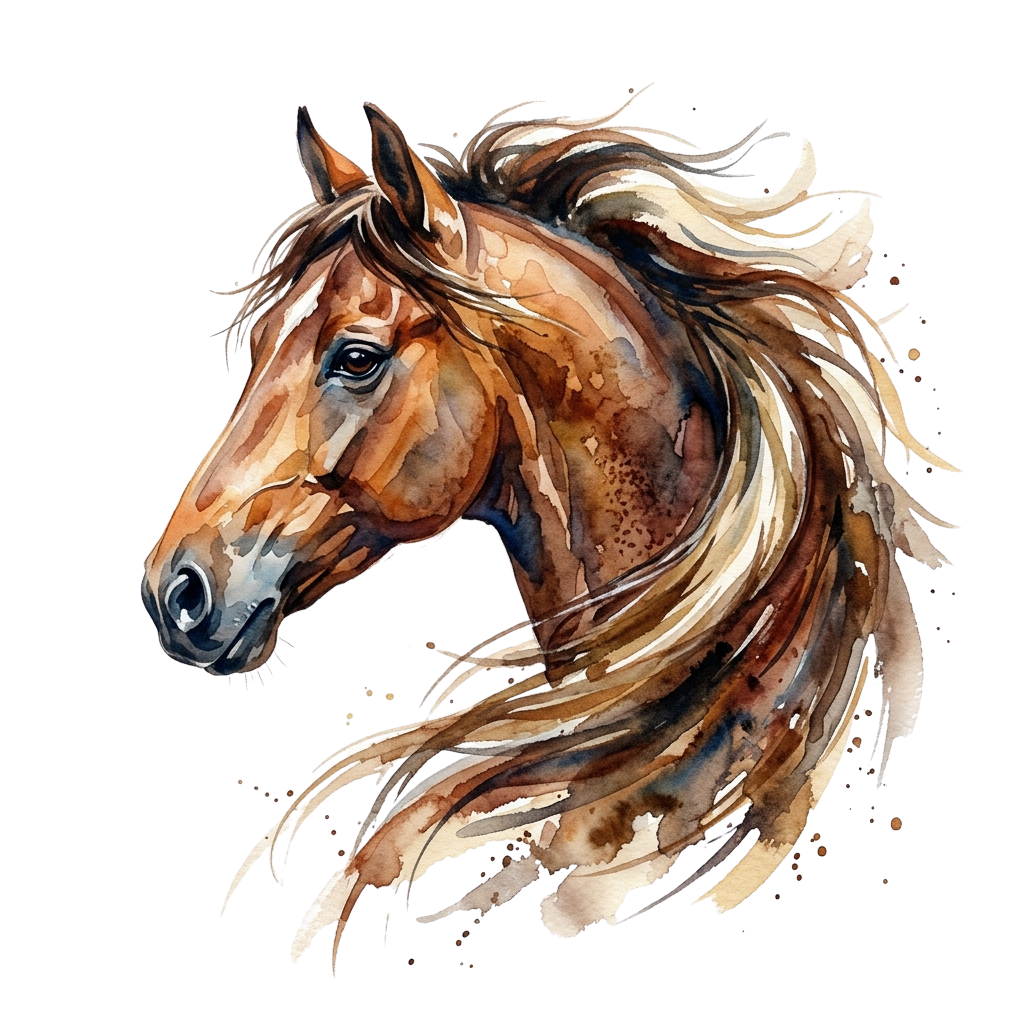 A watercolor painting of a brown horse head with flowing mane against a dark background