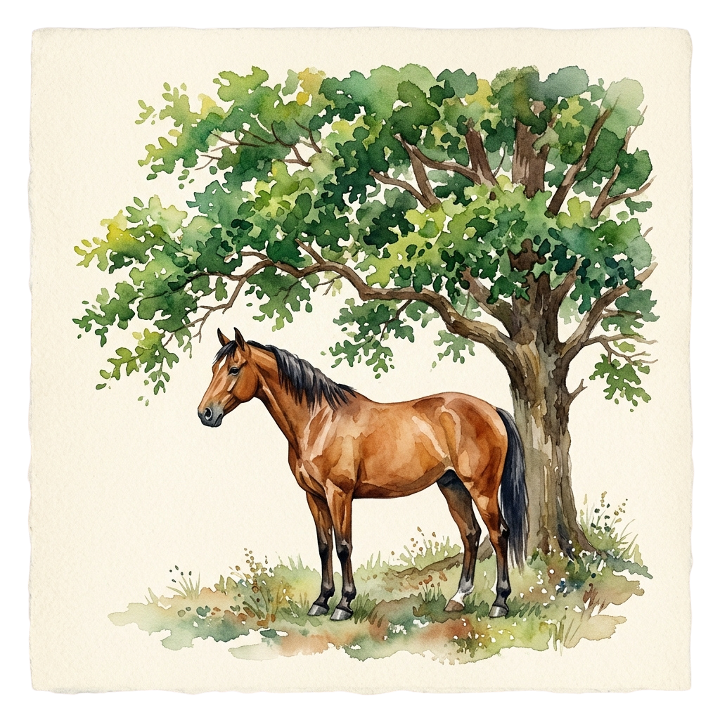 A brown horse standing calmly beneath a large green leafy tree in a watercolor style.