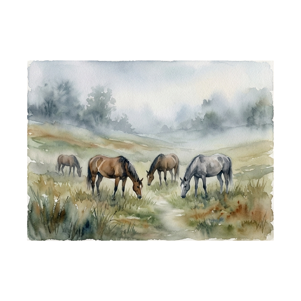 Four horses grazing in a misty green meadow with rolling hills and trees in the background
