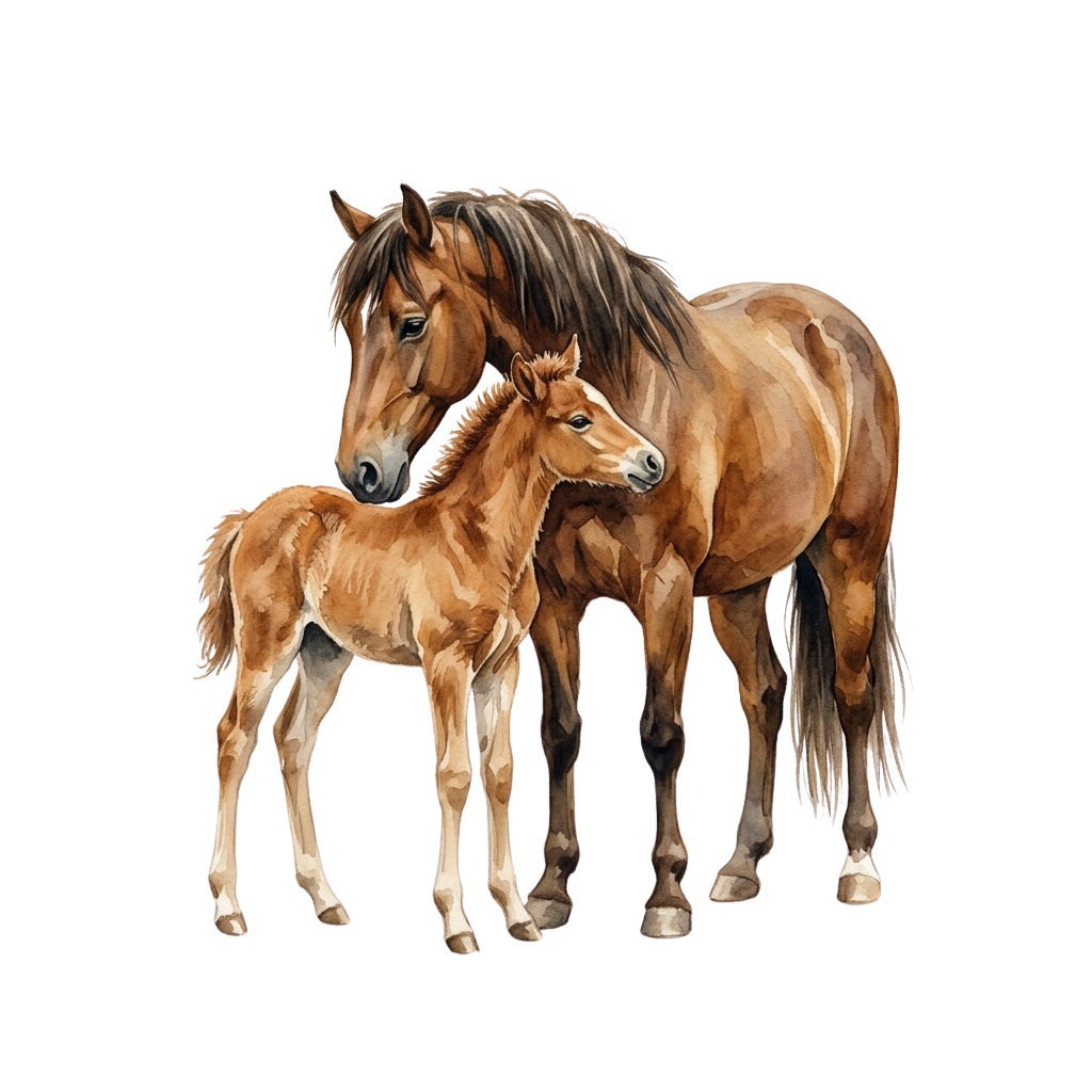A mother horse and her foal standing close together against a dark background