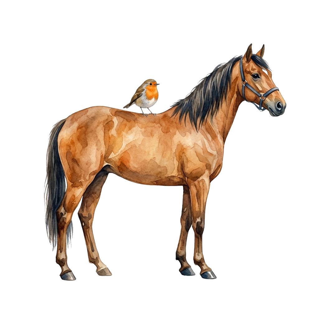 A chestnut horse standing with a robin bird perched on its back