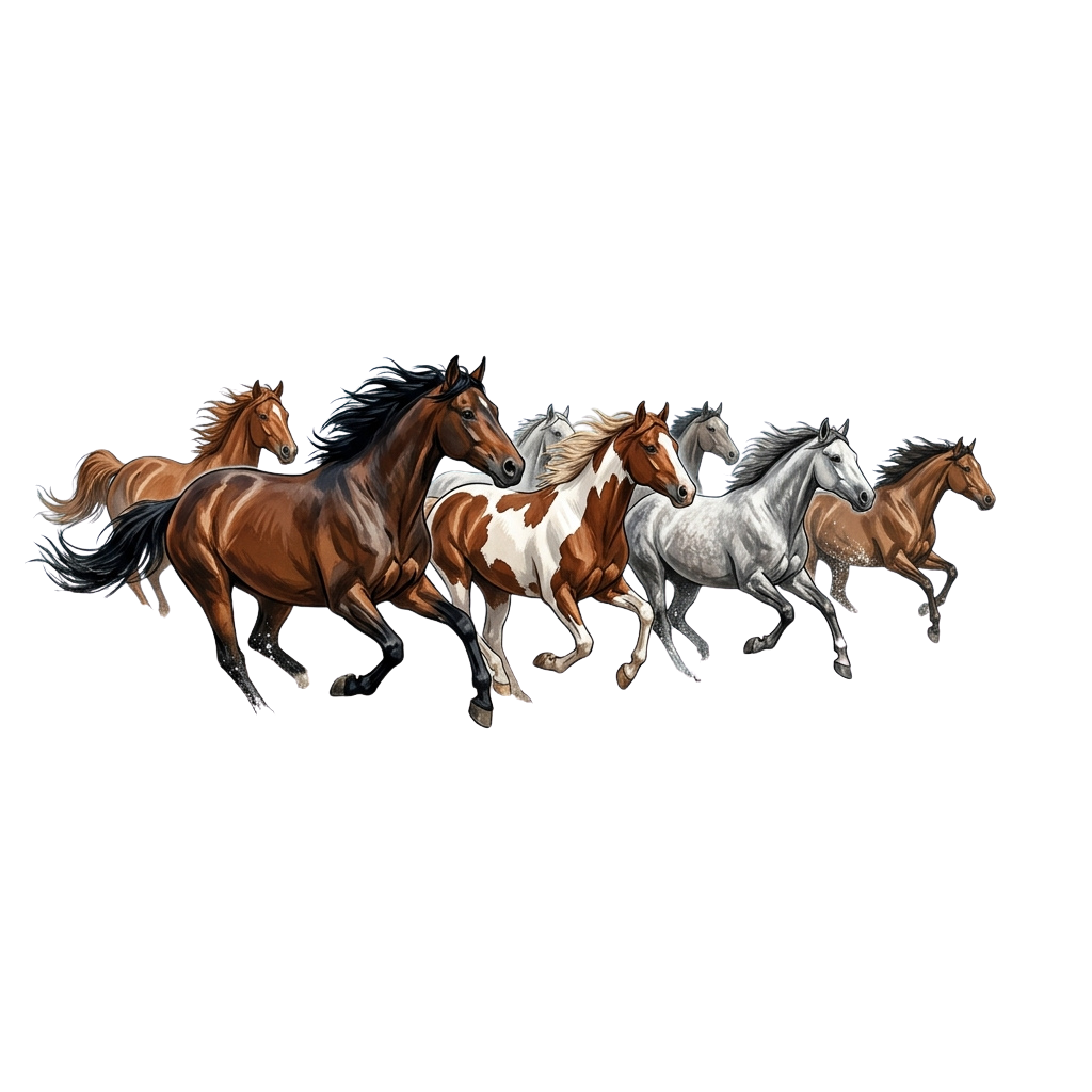 Six horses of various colors galloping together against a black background