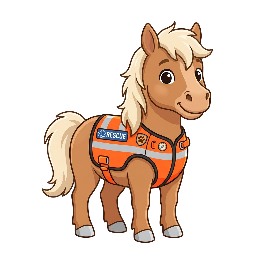 A friendly cartoon pony wearing an orange and white rescue vest with a first aid symbol and paw print logo