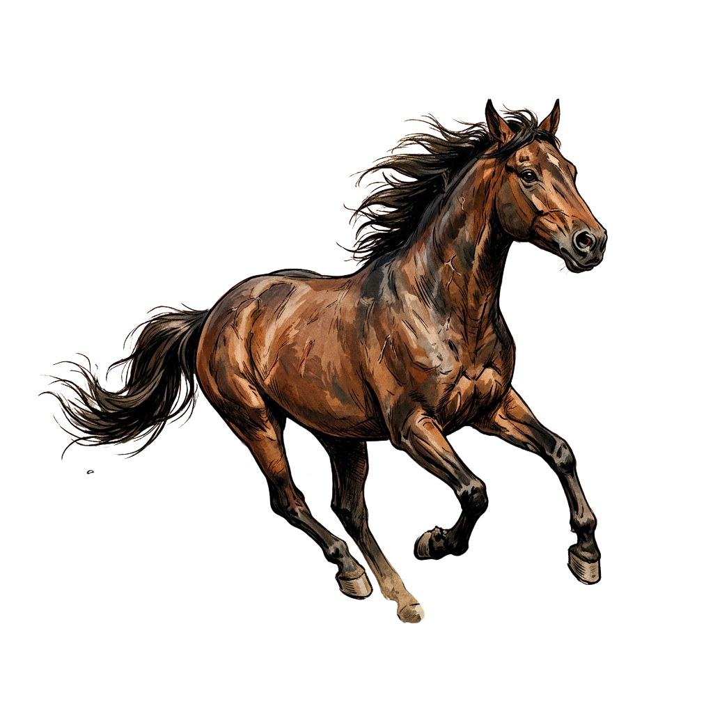 A stylized digital illustration of a brown horse galloping against a black background