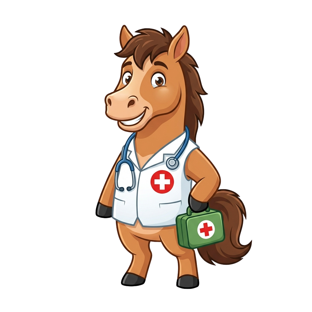 A smiling cartoon horse wearing a doctor’s coat and holding a green first aid kit