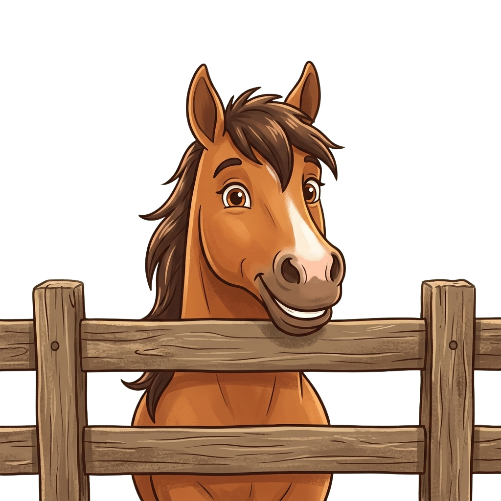 A cheerful cartoon brown horse peeking over a wooden fence