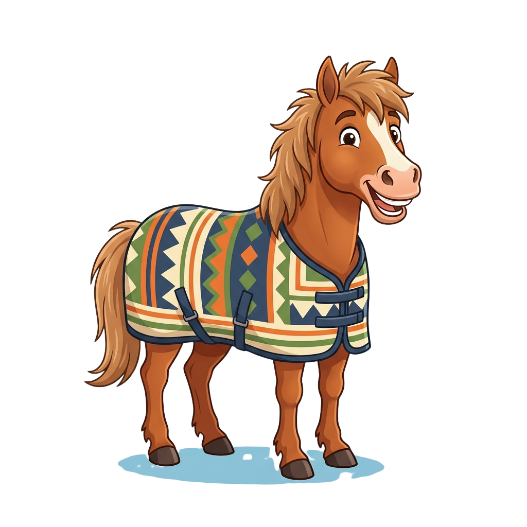 A cheerful cartoon horse with a patterned blanket standing on a blue surface