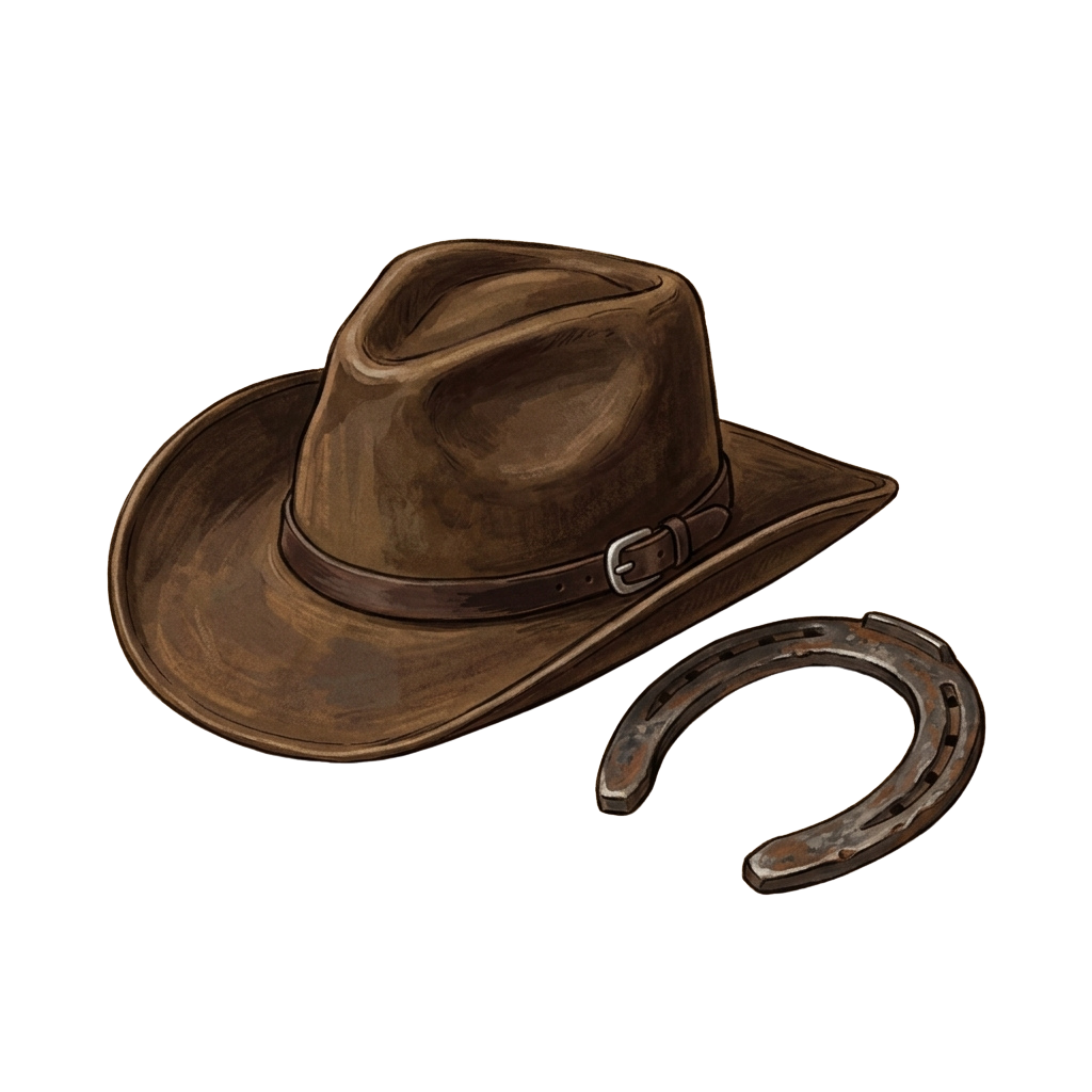 A brown cowboy hat with a creased crown and a silver buckle, placed next to a curved leather strap.