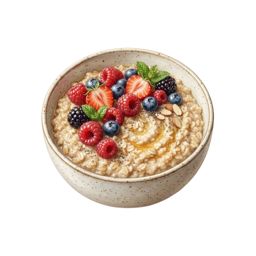 Bowl of creamy oatmeal topped with sliced strawberries, raspberries, blueberries, and chopped nuts on a speckled ceramic dish