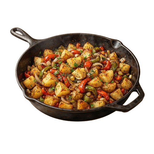 A black skillet filled with roasted potatoes, red bell peppers, onions, and herbs