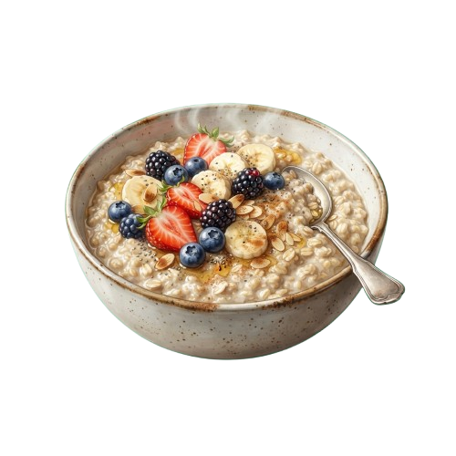 Bowl of creamy oatmeal topped with sliced strawberries, blueberries, blackberries, banana, and chopped nuts on a speckled ceramic dish