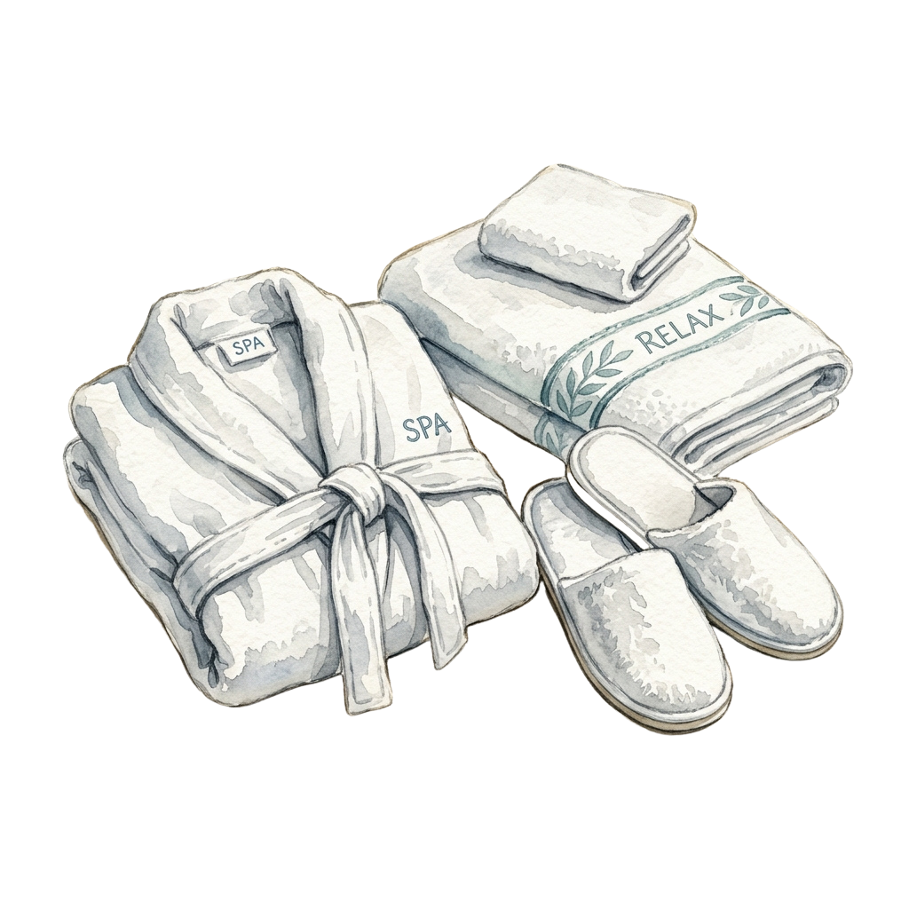 A spa-themed set featuring a robe tied with a belt, slippers, and a folded towel with RELAX text