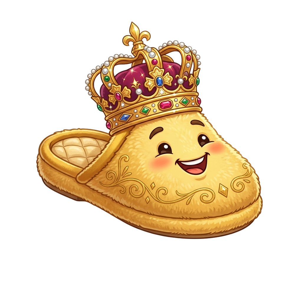 A smiling cartoon slipper with a decorative golden crown on top, resembling a joyful emoji.