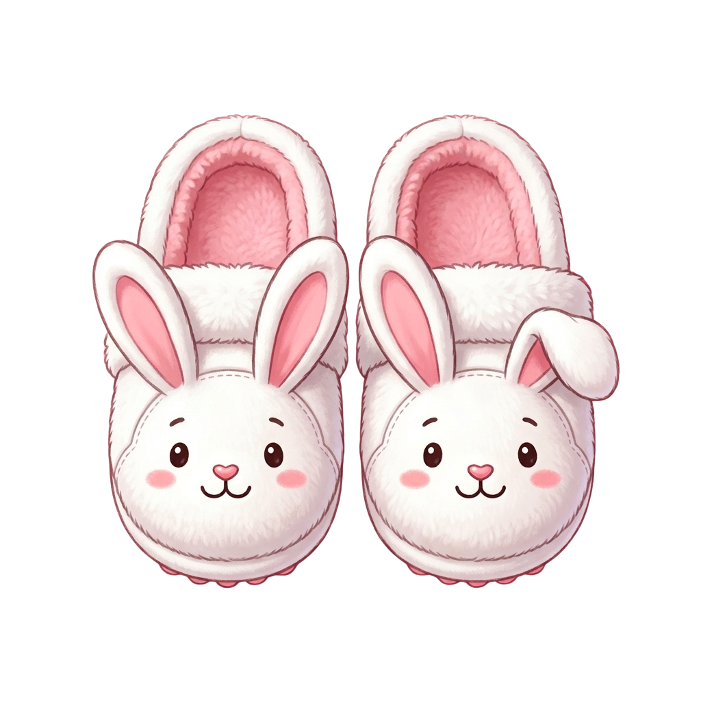 Two cartoon bunny slippers with white bodies, pink ears, and pink soles