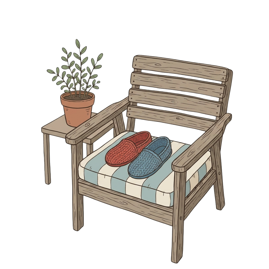 A wooden chair with a striped cushion, two slippers on the seat, and a small potted plant on a side table