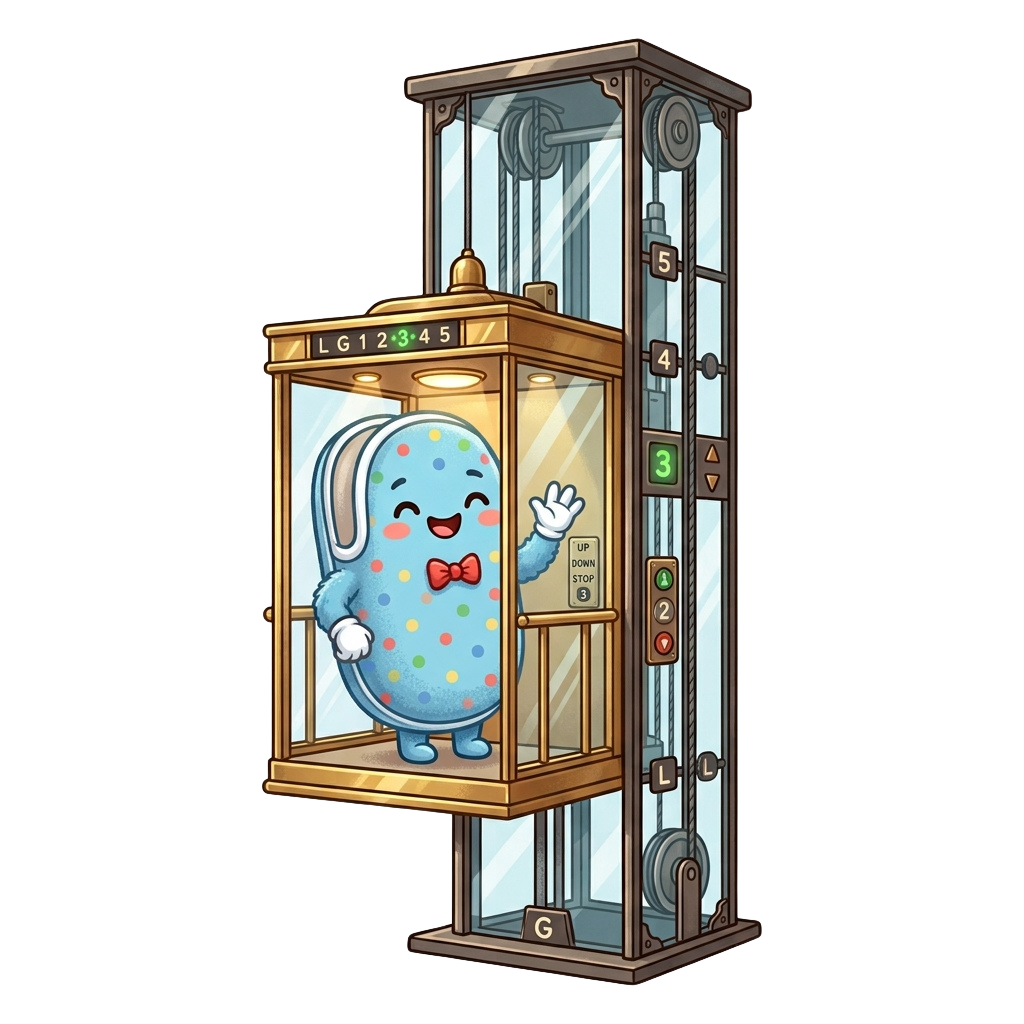A cheerful cartoon character with a bow tie waving in a transparent elevator with numbered floor buttons.