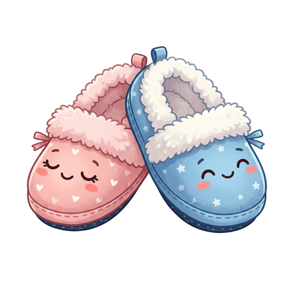 Two cartoon slippers with smiling faces, pink and blue colors, white fluffy trim, and decorative bows.