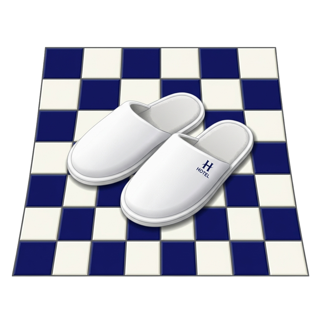 Two white hotel slippers with a small logo on a blue and white checkered floor