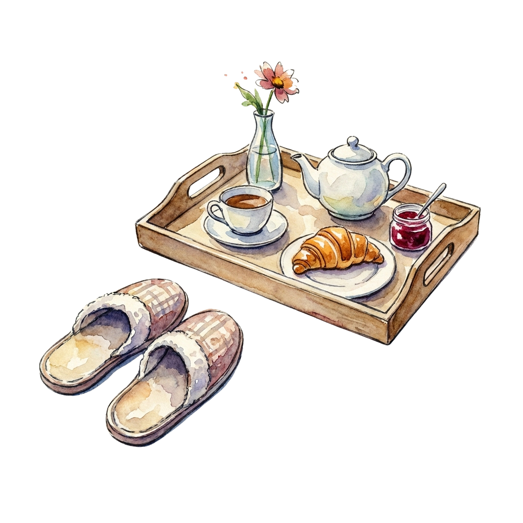 A wooden tray with a teapot, cup of tea, croissant, jam, and small vase of flowers next to a pair of slippers.