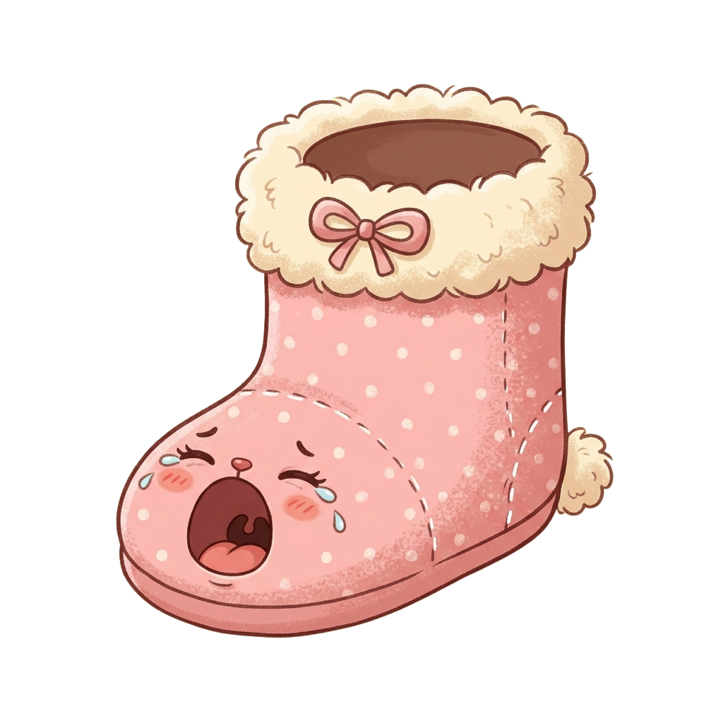 Animated boot with a face crying tears, pink polka dots, fluffy cuff, and a decorative bow.