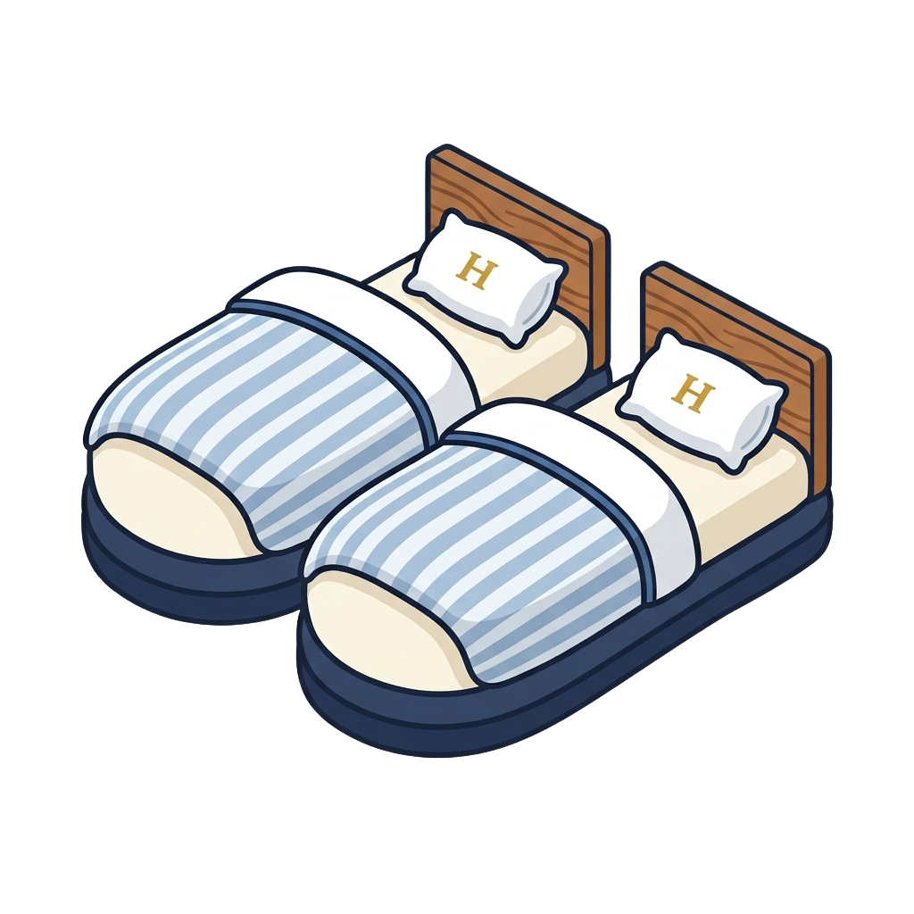Two isometric beds with wooden headboards, striped bedding, and white pillows marked with an H.