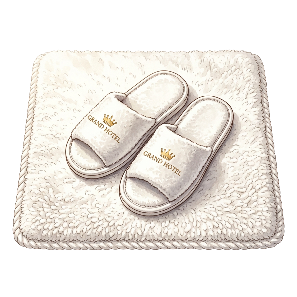 Two white hotel slippers with embroidered text and crown logo placed on a textured white bath mat