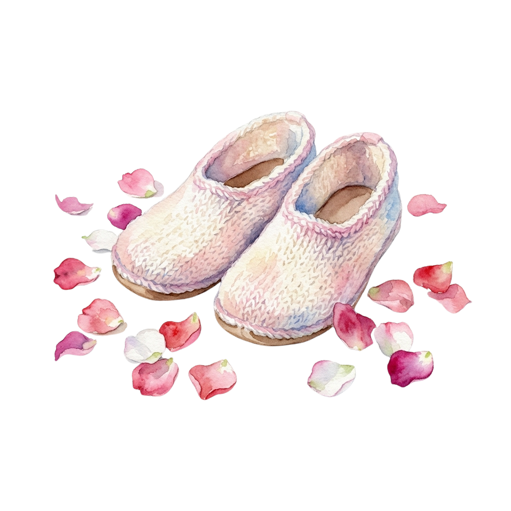 Two light-colored knit baby slippers placed on a black background surrounded by scattered rose petals