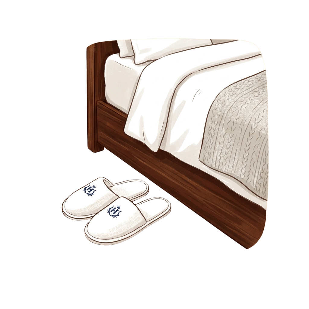 White bedroom slippers with logo near a neatly made wooden bed with white and textured bedding